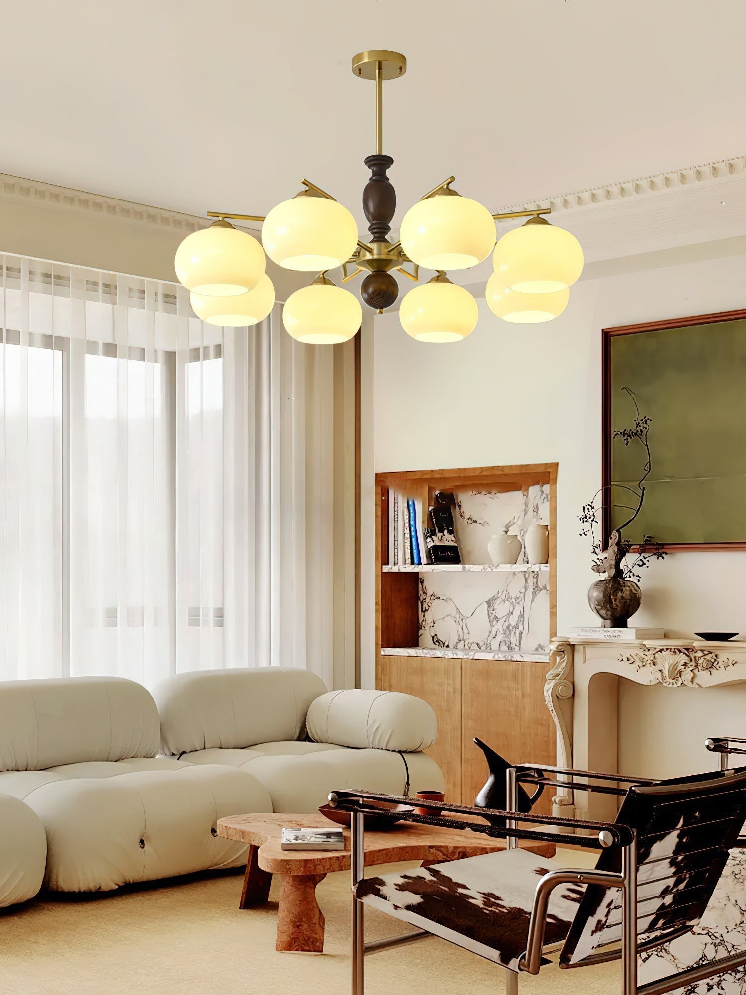Aurora Chandelier Walnut Beige Orb - Blowlighting