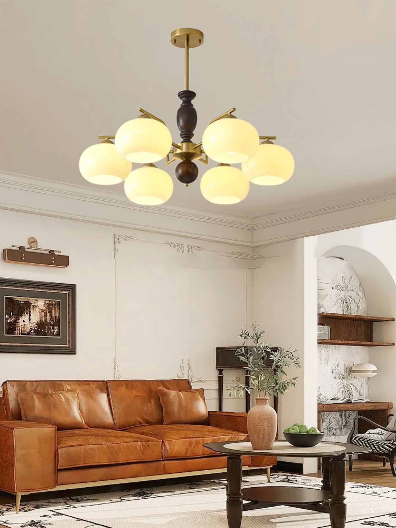 Aurora Chandelier Walnut Beige Orb - Blowlighting