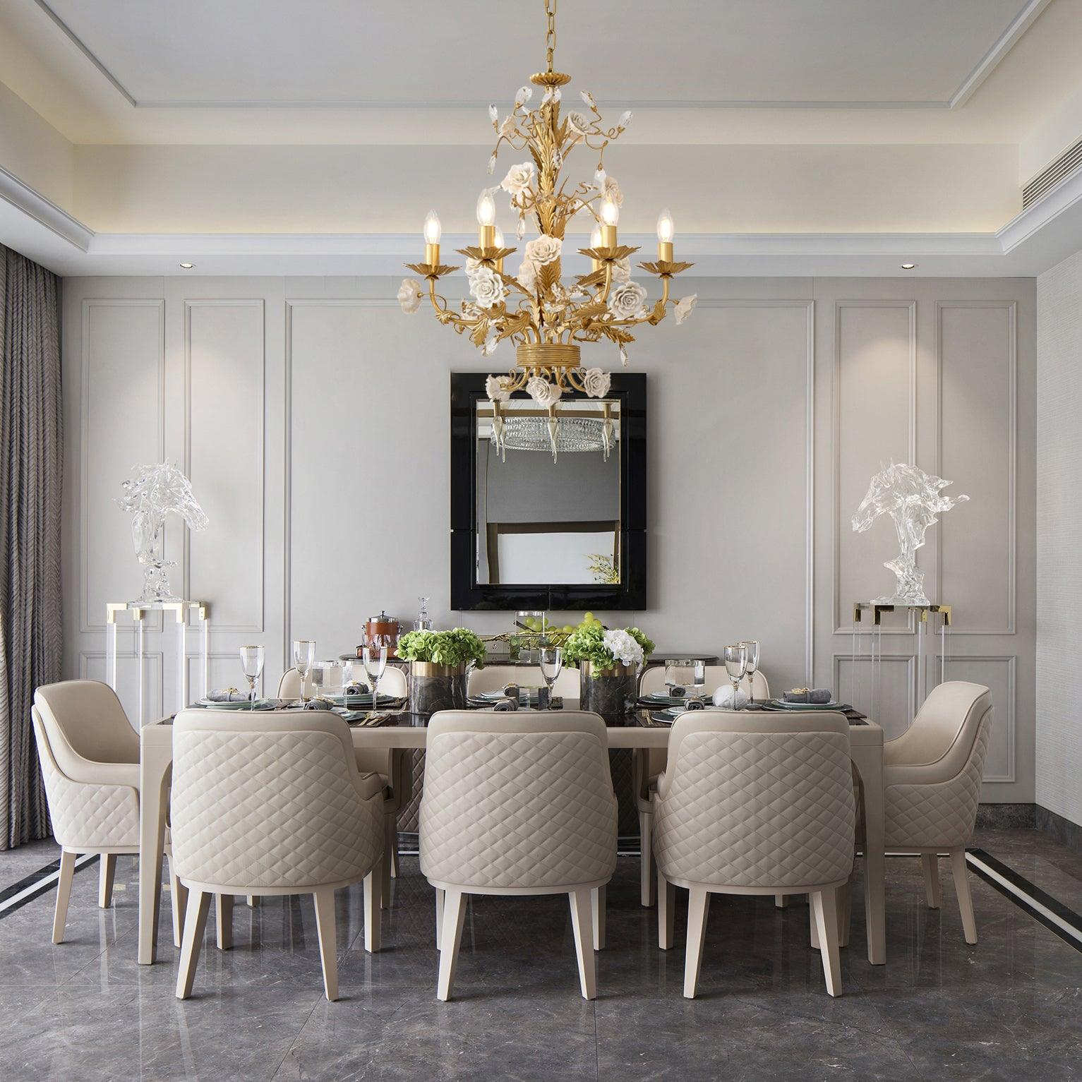 Chandelier Ornate Metal Frame Porcelain Roses Crystal Classic Luxury - Letslighting