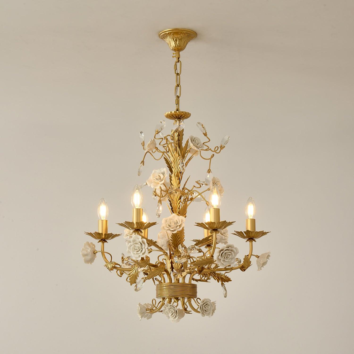Chandelier Ornate Metal Frame Porcelain Roses Crystal Classic Luxury - Letslighting