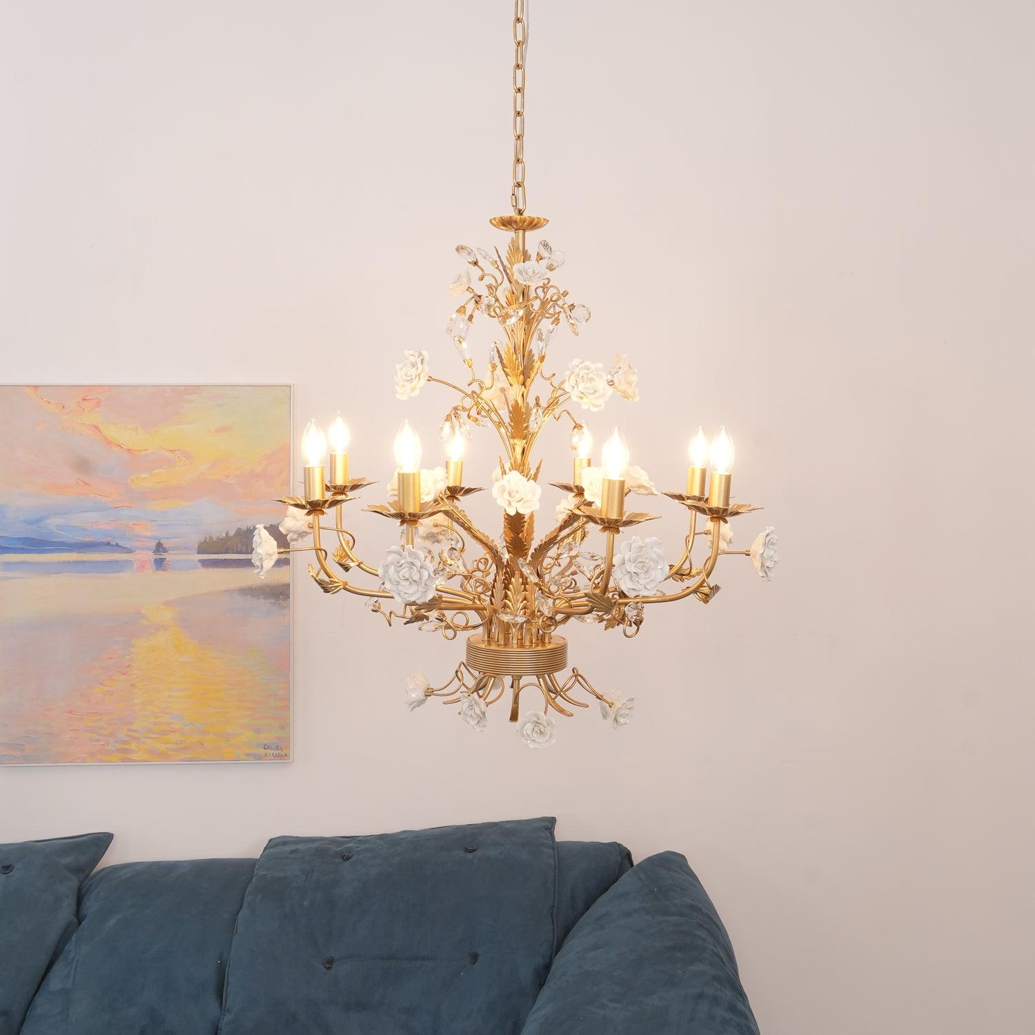 Chandelier Ornate Metal Frame Porcelain Roses Crystal Classic Luxury - Letslighting