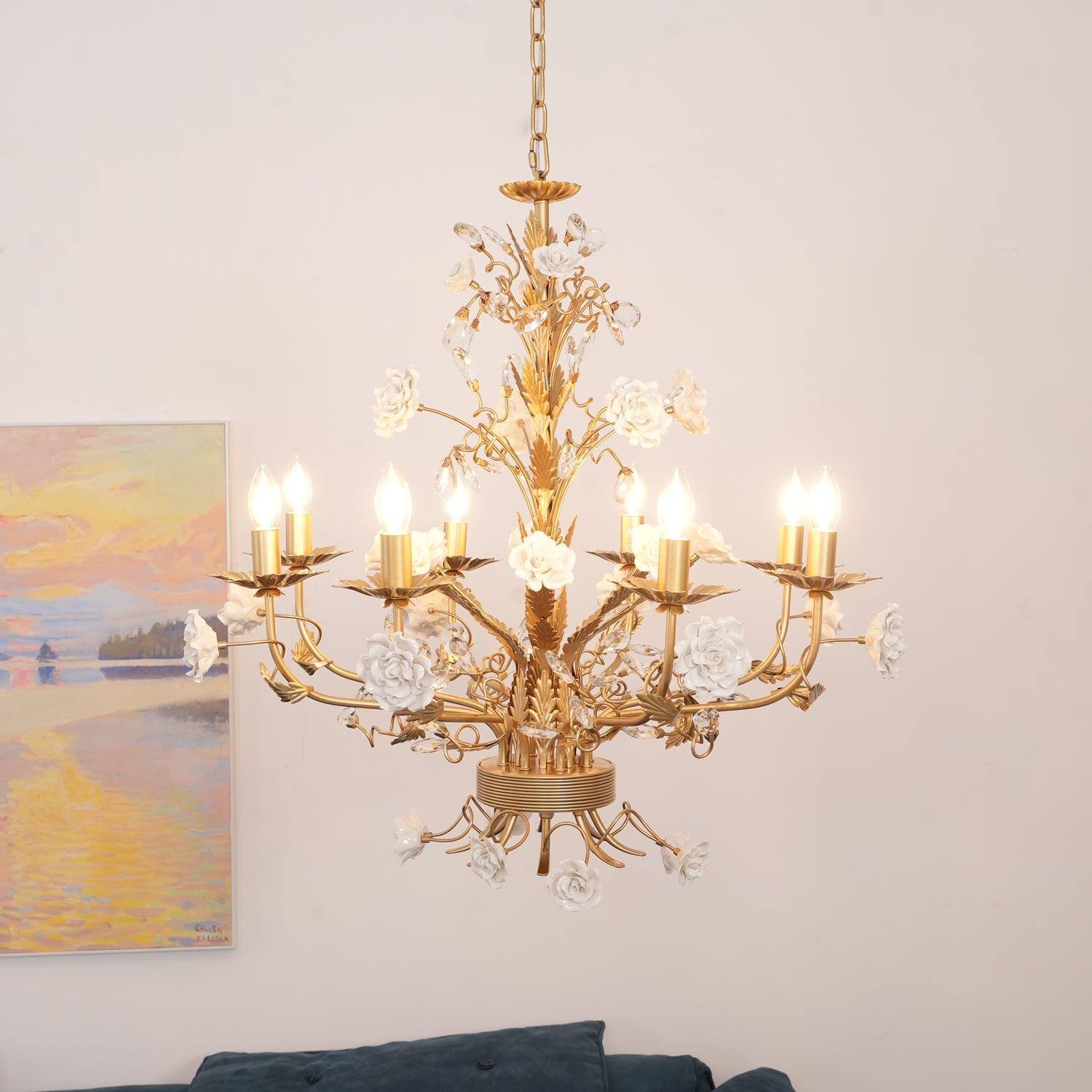 Chandelier Ornate Metal Frame Porcelain Roses Crystal Classic Luxury - Letslighting