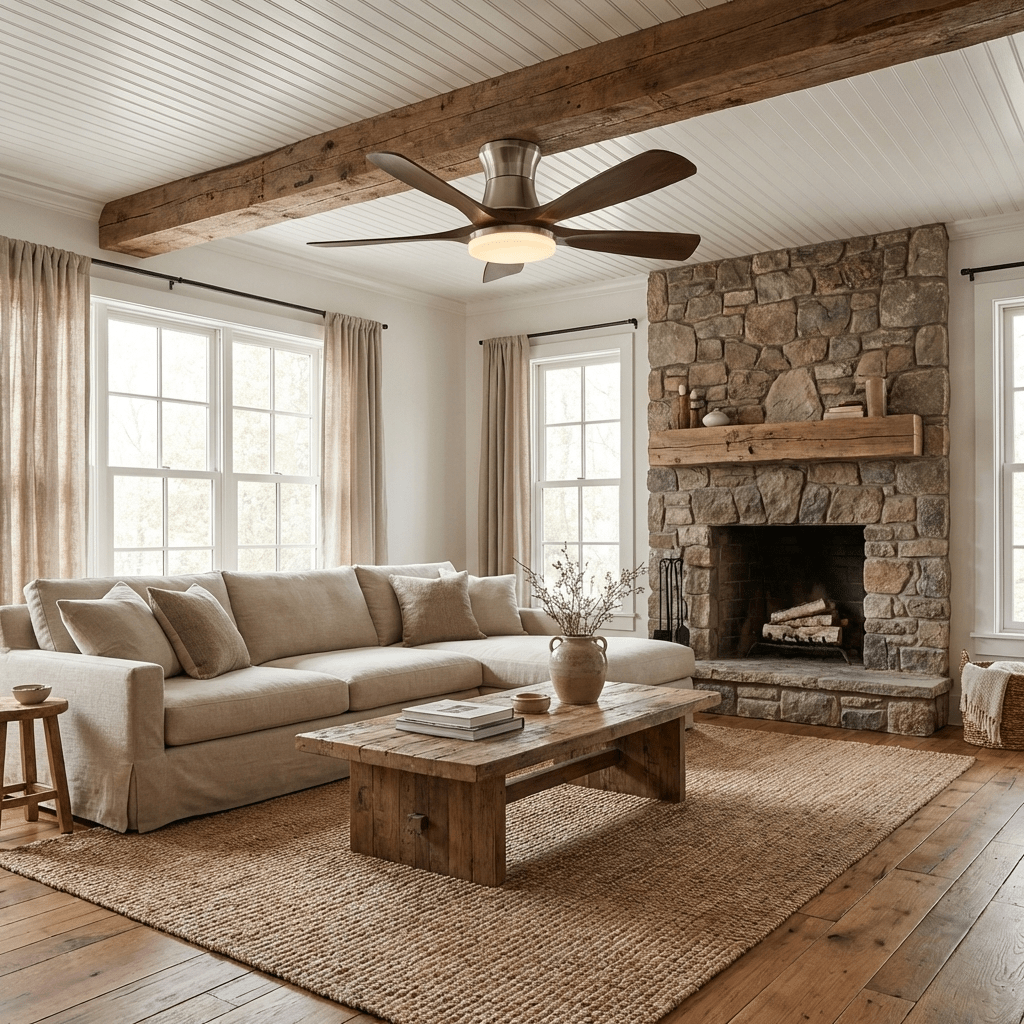 Ventilatore da soffitto Hudson a 5 pale con luce installato in un moderno soggiorno