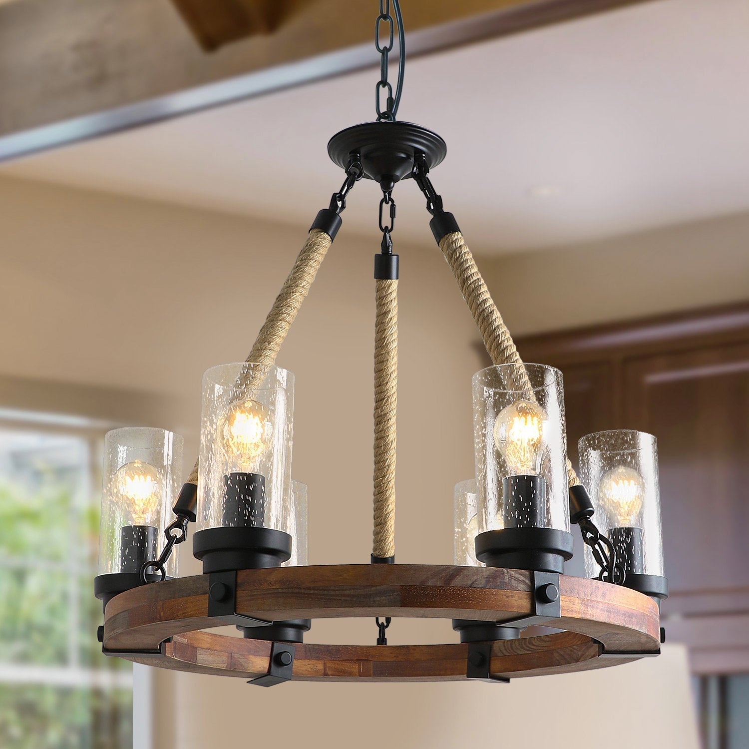 Zomiria Vintage Industrial Wagon Wheel Wooden Chandelier - Lamp Copper