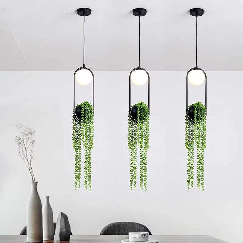 Nest Modern LED Lampada a Sospensione Metallo Nero/Verde Vaso Palla Pianta Naturale