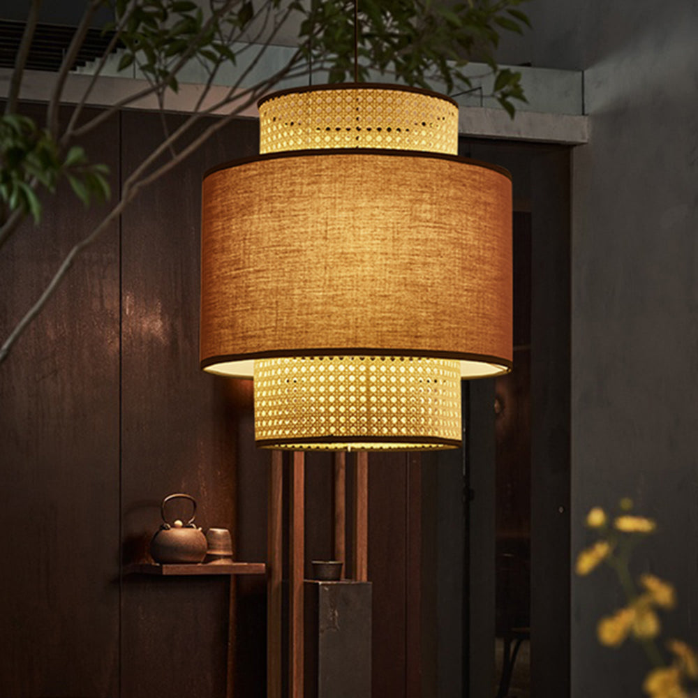 Ritta Naturale Beige LED Lampada a Sospensione Cilindrico Rattan Soggiorno/Camera da Letto/Sala da Pranzo
